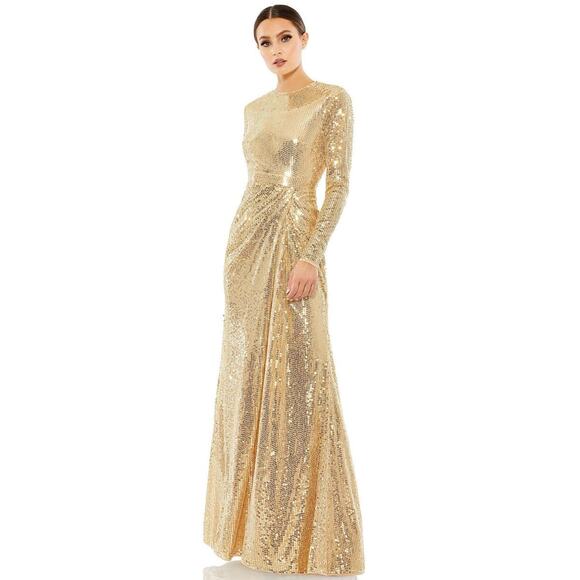 Mac Duggal Embellished Long Sleeve Maxi Dress Gold - 6 - Picture 1 of 3